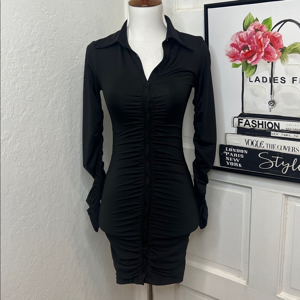 LEAU Berlin Black Button Up Mini Dress Size XS